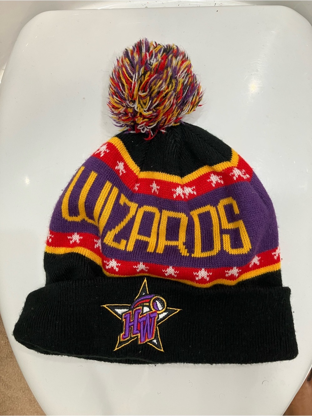 Wizards Kids Pom Beanie Hat - Black/Purple/Gold